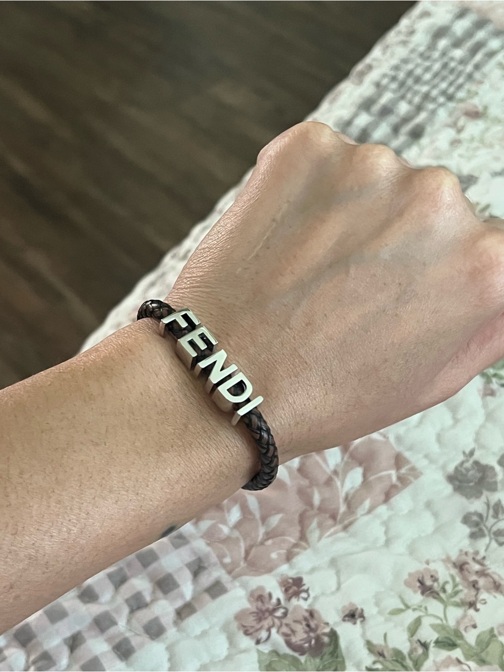 Fendigraphy Braided Leather Bracelet with Silver Logo